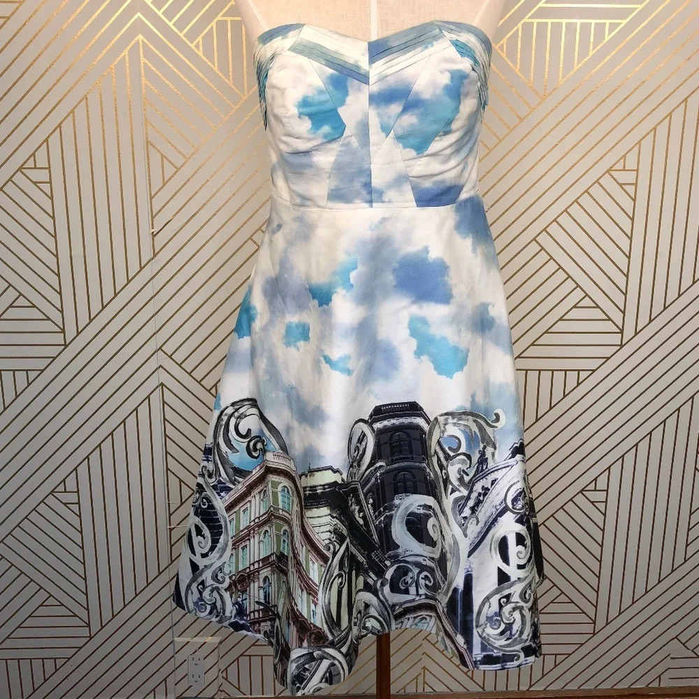 Anthropologie Moulinette Soeurs Skyward Dress Strapless Vienna Print Blue Size 4